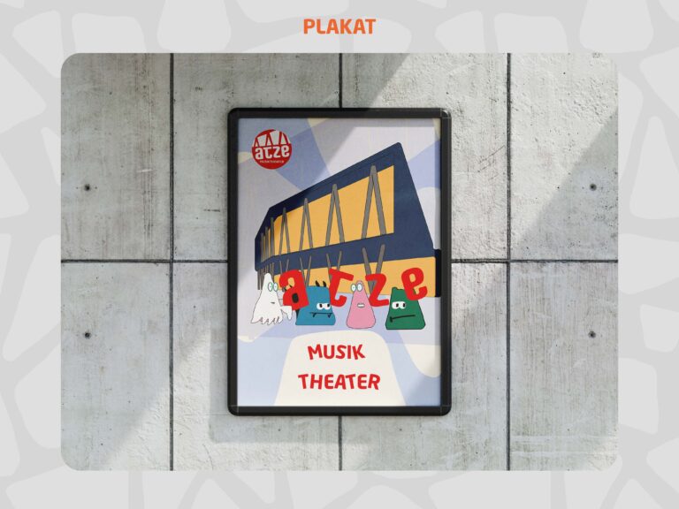 Ein Plakat für das Atze Musiktheater, auf dem eine Illustration des Theatergebäudes sowie bunte Maskottchen zu sehen sind, die spielerisch den Schriftzug „atze“ halten.